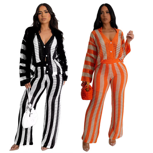 Autumn and Winter Fashion Sexy Hollow Wide Leg Knitted Sweater Two Piece Set eprolo rghbeu-b4.myshopify.com Autumn and Winter Fashion Sexy Hollow Wide Leg Knitted Sweater Two Piece Set