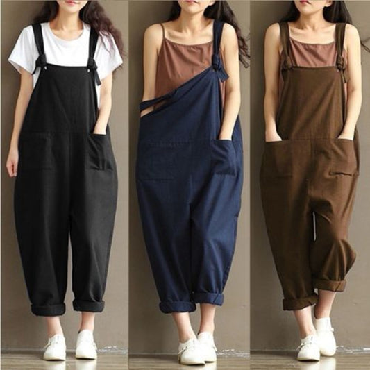 Women Girls Loose Solid Jumpsuit Strap Dungaree Harem Trousers Ladies Overall Pants Casual Playsuits Plus Size - FITzzE