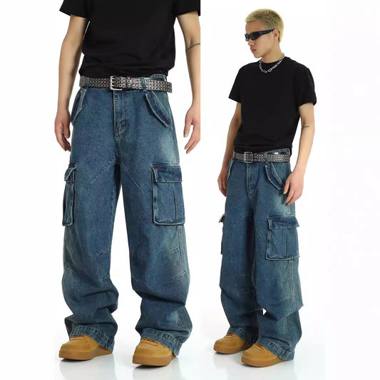 American retro multi pocket heavy-duty jeans men's washed and worn pants street hip-hop high waisted straight leg work pants - FITzzE
