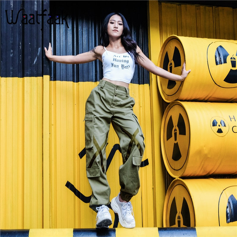 Waatfaak Elastic High Wasit Cargo Pants Women Long Green Cotton Pants Pockets Patchwork Military Button Splice Pantalon Femme - FITzzE