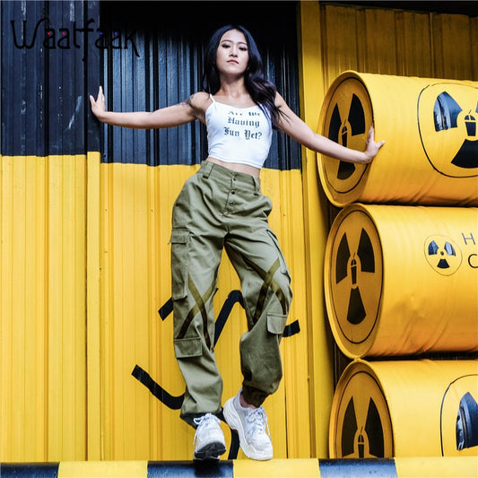 Waatfaak Elastic High Wasit Cargo Pants Women Long Green Cotton Pants Pockets Patchwork Military Button Splice Pantalon Femme - FITzzE