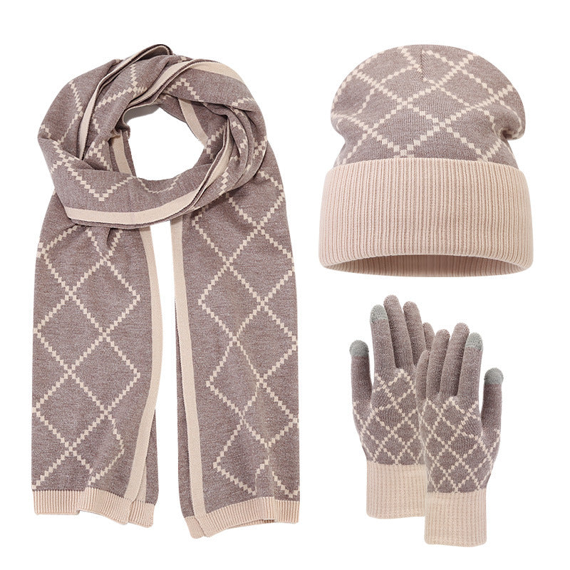 Adult Knitted Hat Glove Scarf Set Winter Men and Women Outdoor Cold proof Diamond Grid Knitted Hat - FITzzE
