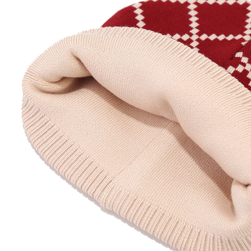 Adult Knitted Hat Glove Scarf Set Winter Men and Women Outdoor Cold proof Diamond Grid Knitted Hat - FITzzE