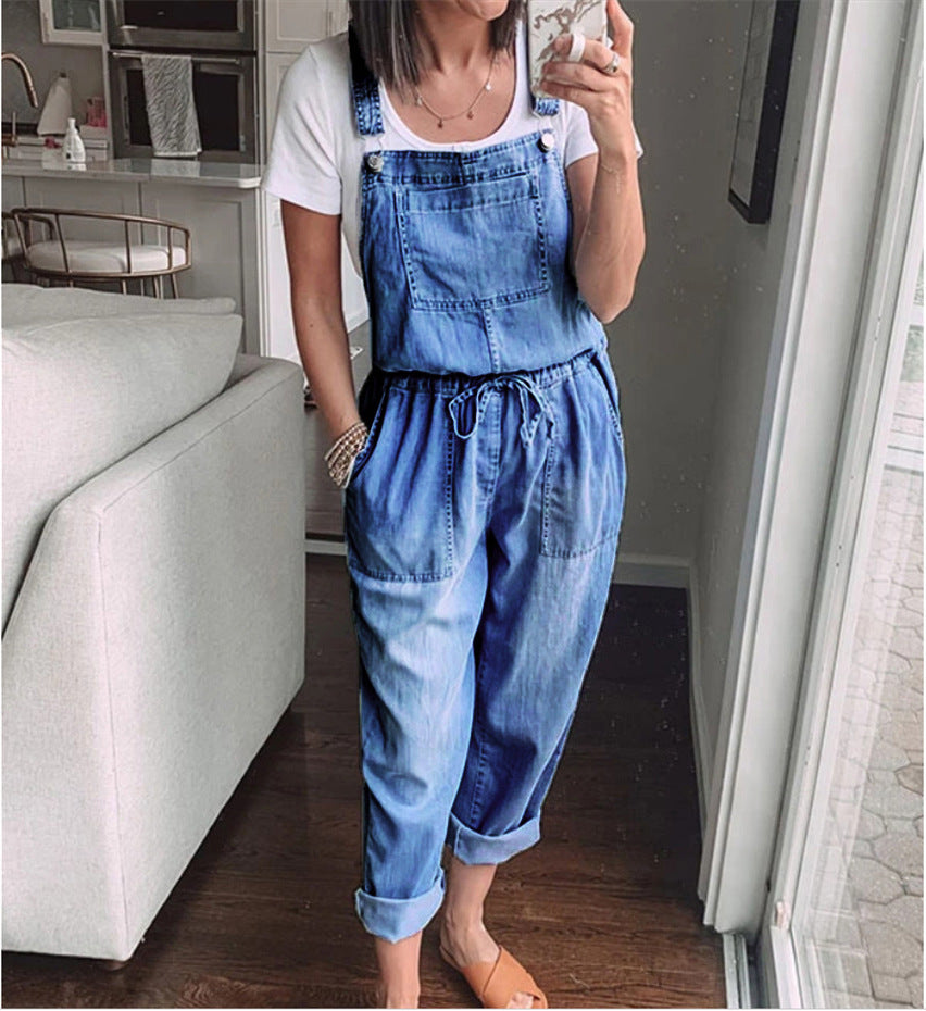Spring/Summer Drawstring Denim Overalls – Women’s Casual Slim-Fit Denim Pants with Stylish Pockets eprolo