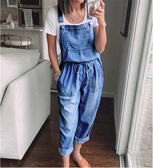 Spring/Summer Drawstring Denim Overalls – Women’s Casual Slim-Fit Denim Pants with Stylish Pockets eprolo