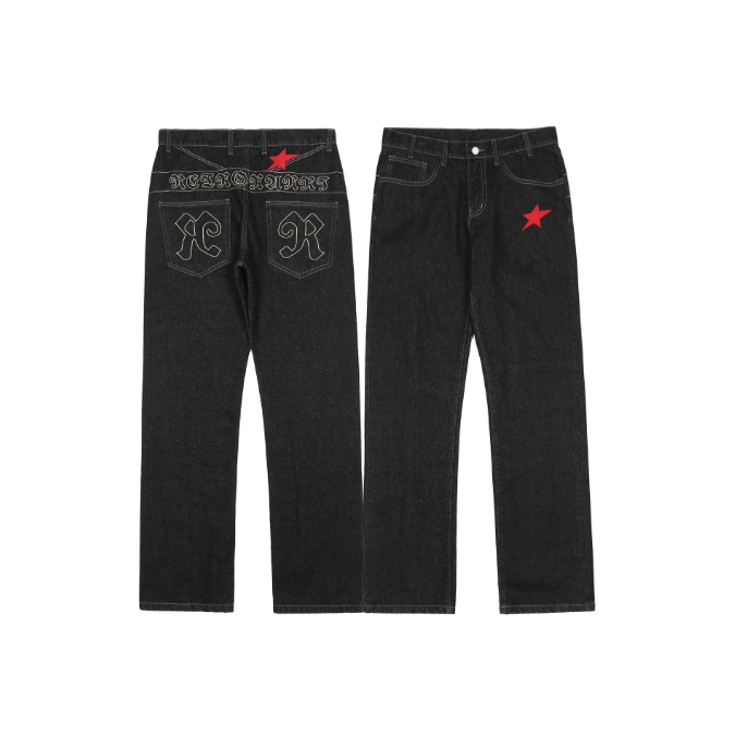 Made of old stickers star embroidery multi pocket jeans, men trendy brand loose wide leg straight leg pants eprolo