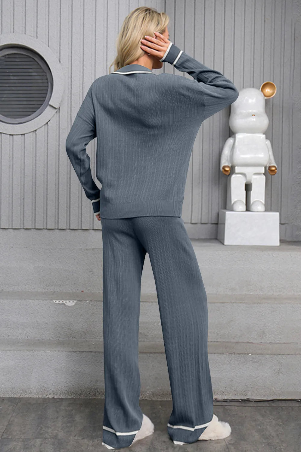 Contrast Trim Johnny Collar Top and Drawstring Pants Sweater Set - FITzzE rghbeu-b4.myshopify.com Contrast Trim Johnny Collar Top and Drawstring Pants Sweater Set