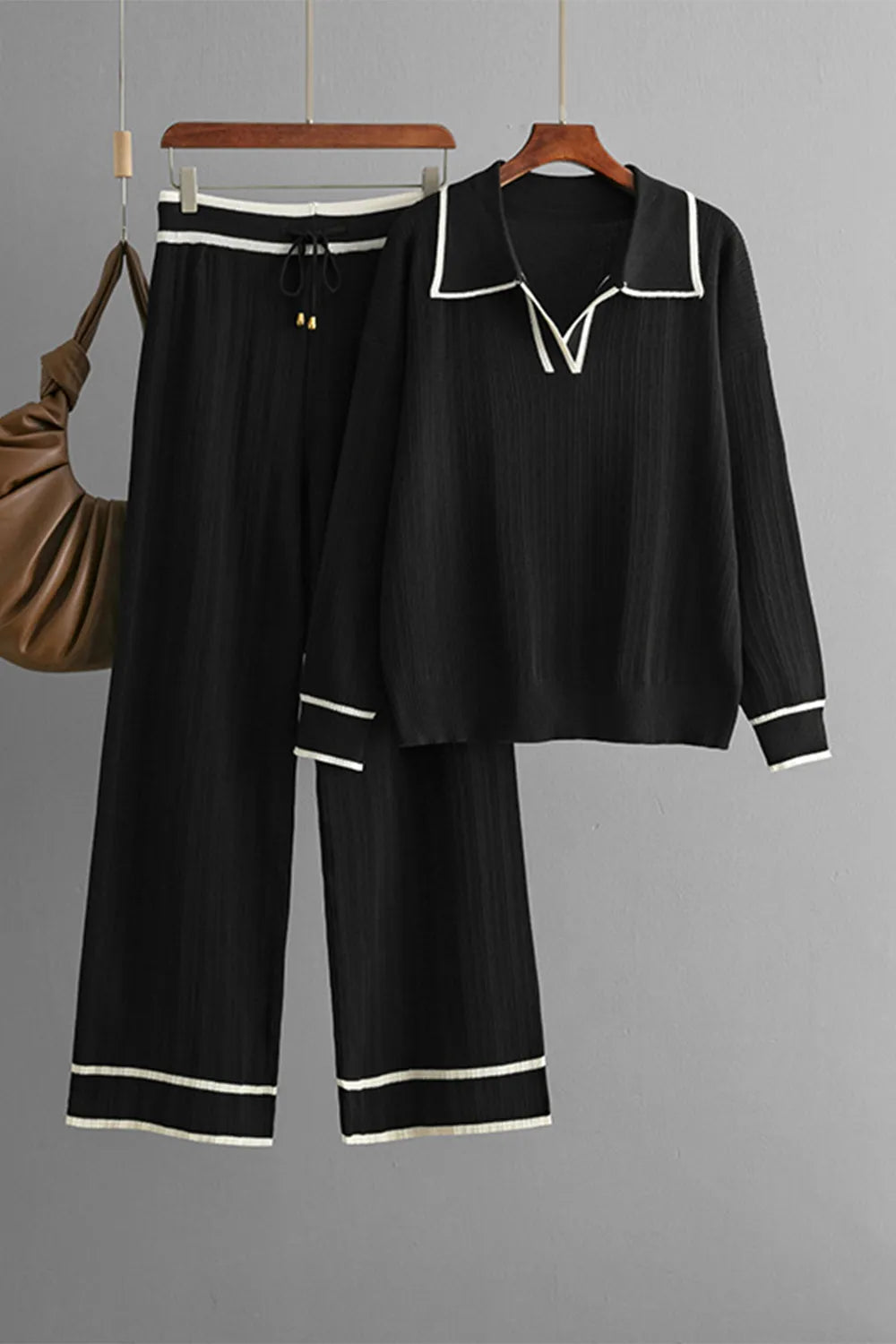 Contrast Trim Johnny Collar Top and Drawstring Pants Sweater Set - FITzzE rghbeu-b4.myshopify.com Contrast Trim Johnny Collar Top and Drawstring Pants Sweater Set