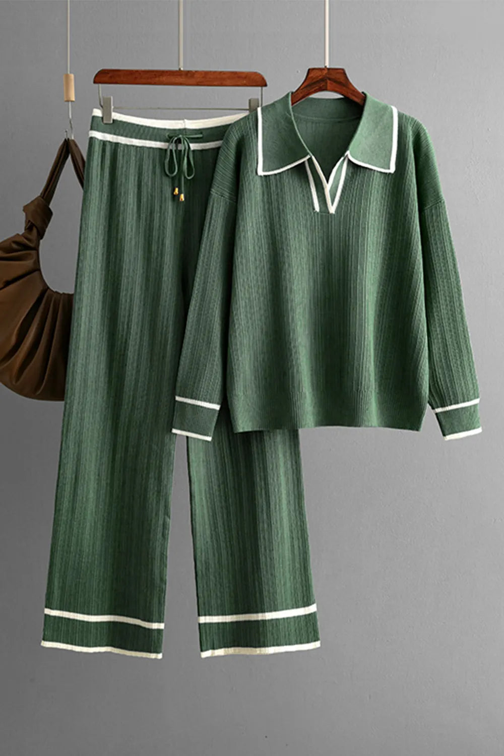 Contrast Trim Johnny Collar Top and Drawstring Pants Sweater Set - FITzzE rghbeu-b4.myshopify.com Contrast Trim Johnny Collar Top and Drawstring Pants Sweater Set