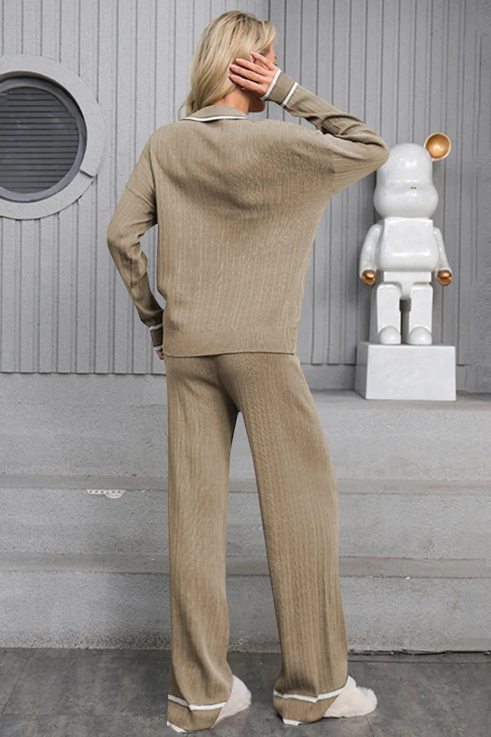 Contrast Trim Johnny Collar Top and Drawstring Pants Sweater Set - FITzzE rghbeu-b4.myshopify.com Contrast Trim Johnny Collar Top and Drawstring Pants Sweater Set