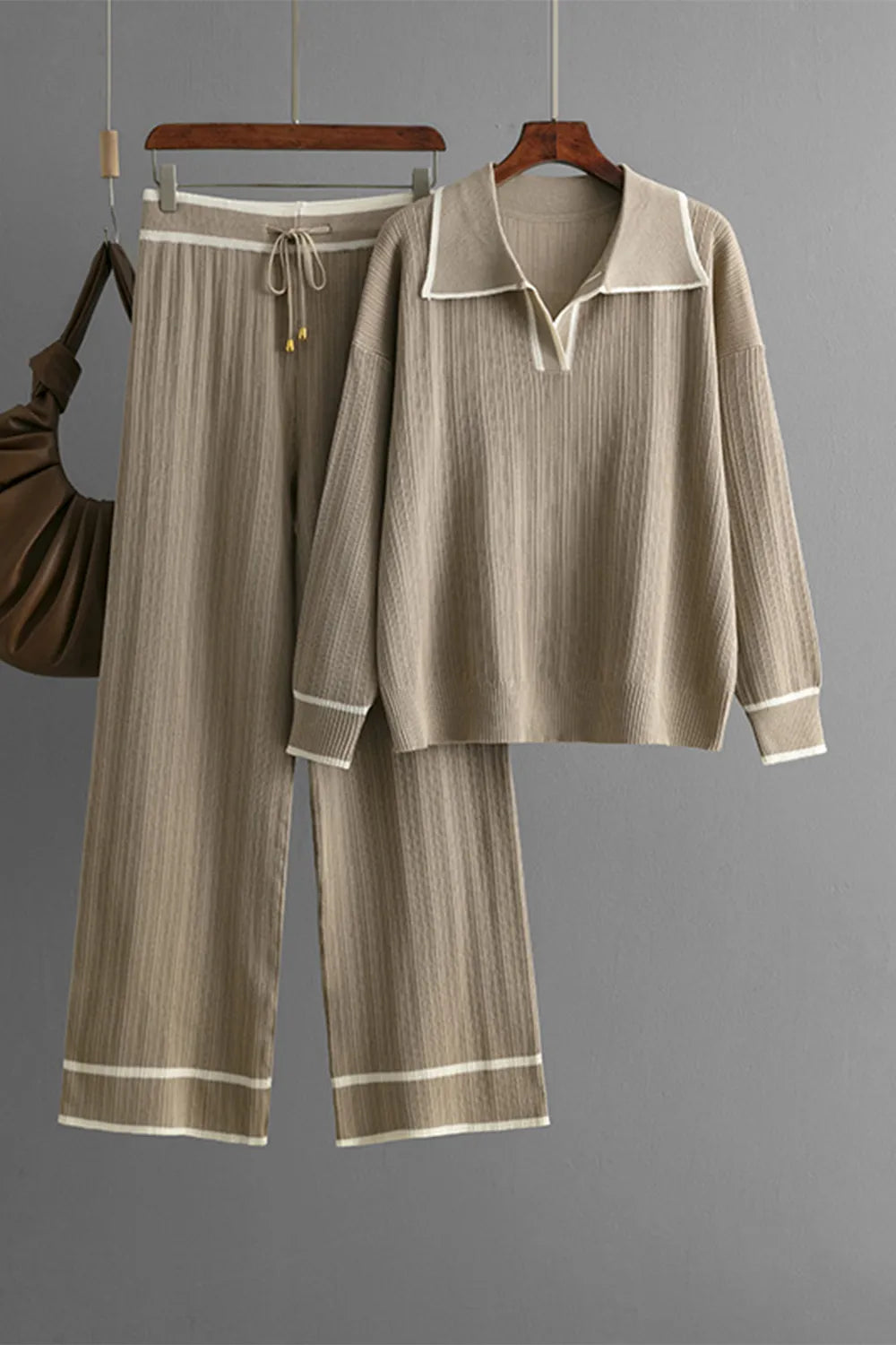 Contrast Trim Johnny Collar Top and Drawstring Pants Sweater Set - FITzzE rghbeu-b4.myshopify.com Contrast Trim Johnny Collar Top and Drawstring Pants Sweater Set