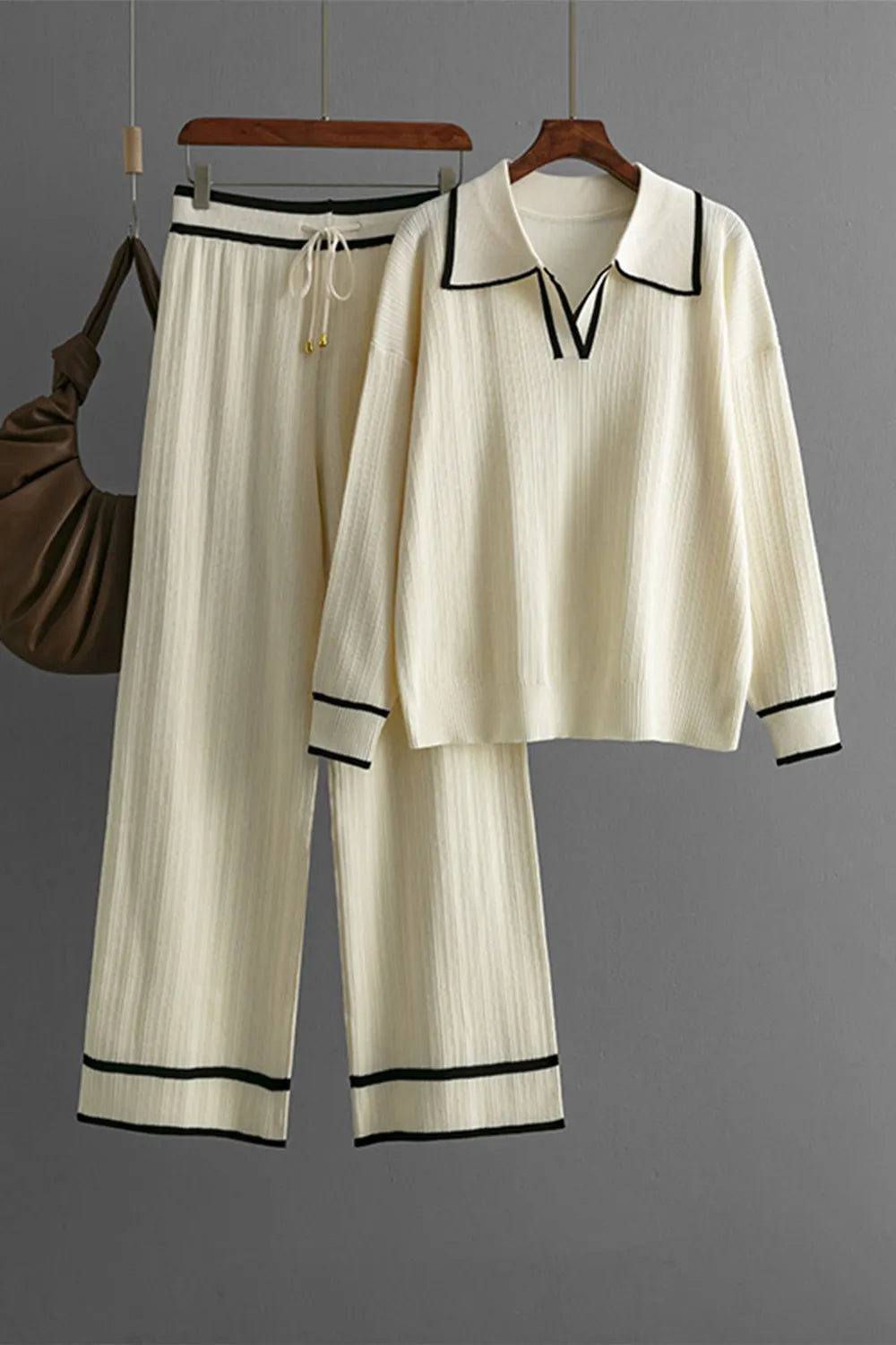Contrast Trim Johnny Collar Top and Drawstring Pants Sweater Set - FITzzE rghbeu-b4.myshopify.com Contrast Trim Johnny Collar Top and Drawstring Pants Sweater Set
