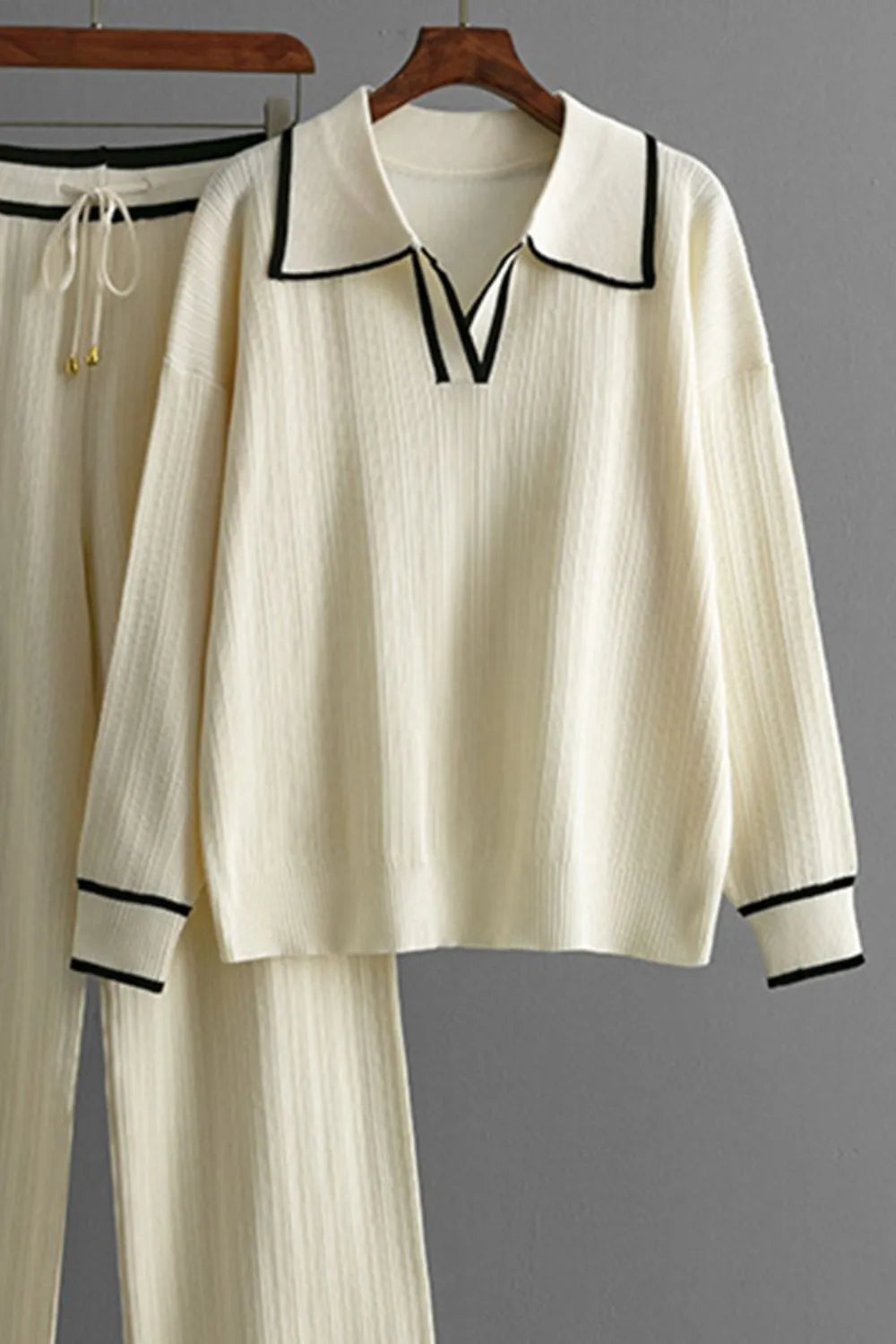 Contrast Trim Johnny Collar Top and Drawstring Pants Sweater Set - FITzzE rghbeu-b4.myshopify.com Contrast Trim Johnny Collar Top and Drawstring Pants Sweater Set
