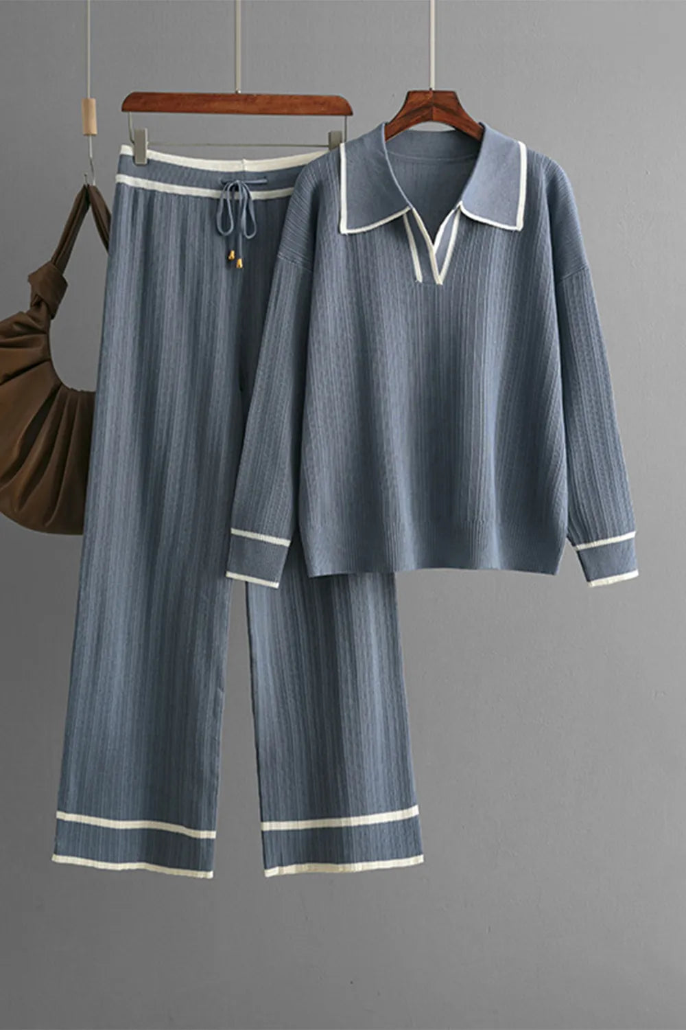Contrast Trim Johnny Collar Top and Drawstring Pants Sweater Set - FITzzE rghbeu-b4.myshopify.com Contrast Trim Johnny Collar Top and Drawstring Pants Sweater Set