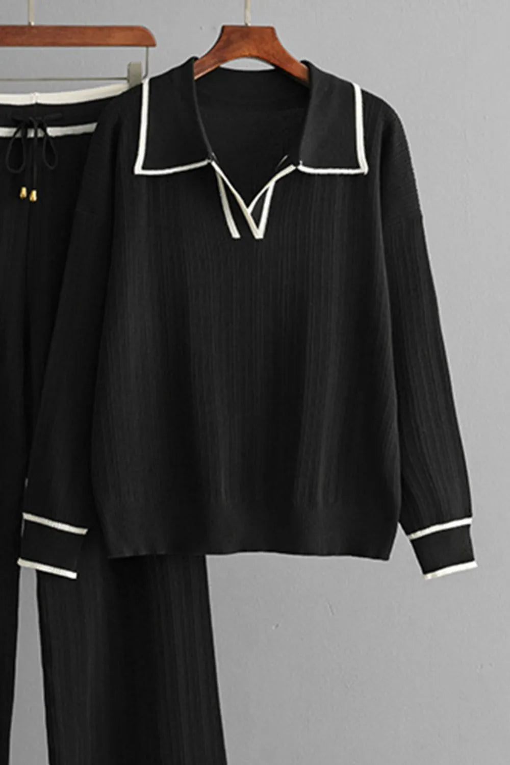 Contrast Trim Johnny Collar Top and Drawstring Pants Sweater Set - FITzzE rghbeu-b4.myshopify.com Contrast Trim Johnny Collar Top and Drawstring Pants Sweater Set