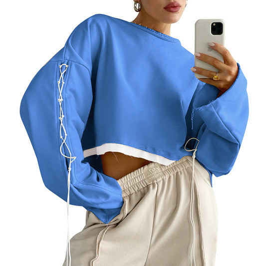 New Autumn Tops Personality Trend Contrast Color Straps Casual Loose Short Style Cropped Sweater Women - FITzzE