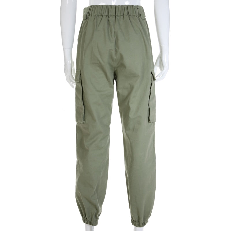 Waatfaak Elastic High Wasit Cargo Pants Women Long Green Cotton Pants Pockets Patchwork Military Button Splice Pantalon Femme - FITzzE