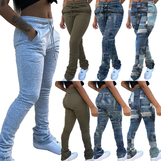 Faux Denim Print Drawstring Pants – Stylish Elastic Waist Casual Trousers for Women eprolo