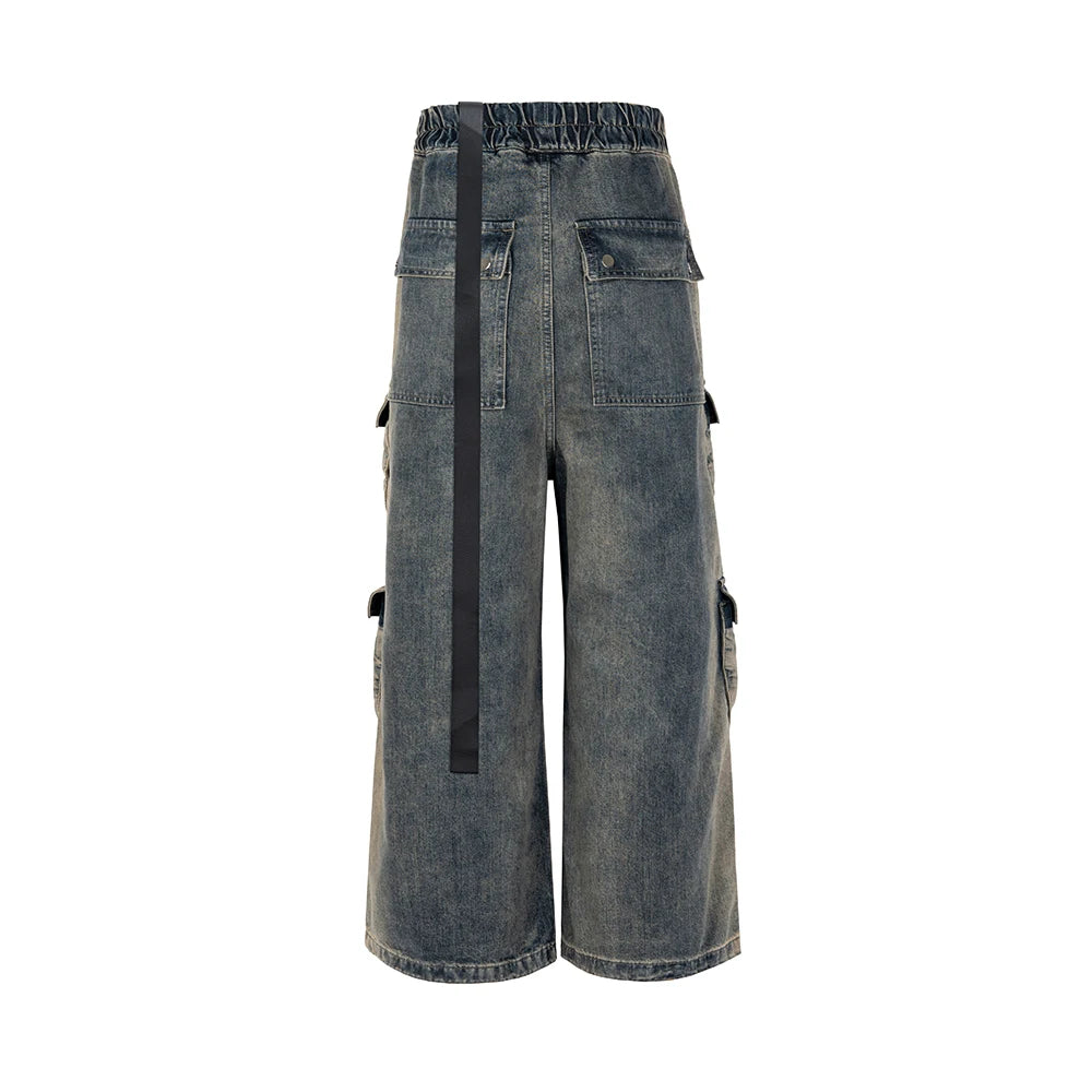 RO Style Gradient Ribbons Multi-pockets Drawstring Jeans for Men Harajuku Streetwear Baggy Y2K Denim Trousers Oversized Cargos - FITzzE