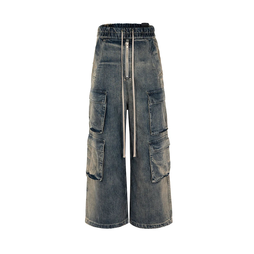 RO Style Gradient Ribbons Multi-pockets Drawstring Jeans for Men Harajuku Streetwear Baggy Y2K Denim Trousers Oversized Cargos - FITzzE