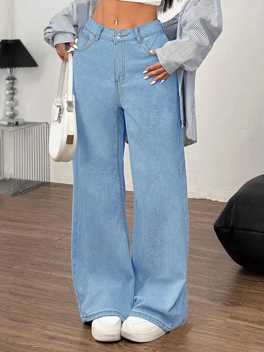 Embroidered Bow Back Wide Leg Jeans ,Elegant High-Waist Denim with Feminine Charm - FITzzE