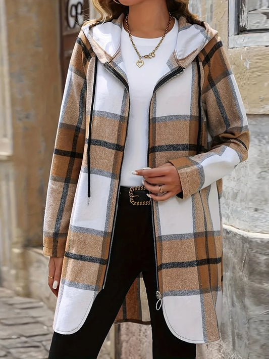 Drawstring Plaid Zip Up Hooded Outerwear - FITzzE rghbeu-b4.myshopify.com Drawstring Plaid Zip Up Hooded Outerwear