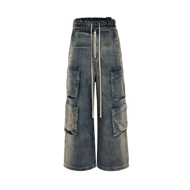 RO Style Gradient Ribbons Multi-pockets Drawstring Jeans for Men Harajuku Streetwear Baggy Y2K Denim Trousers Oversized Cargos - FITzzE