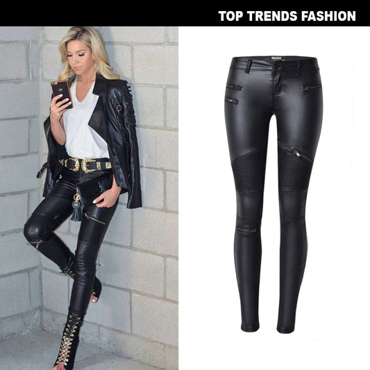 Women’s Faux Leather Denim Skinny Pants – Multi-Zip Motorcycle Style with Plus Size Options eprolo