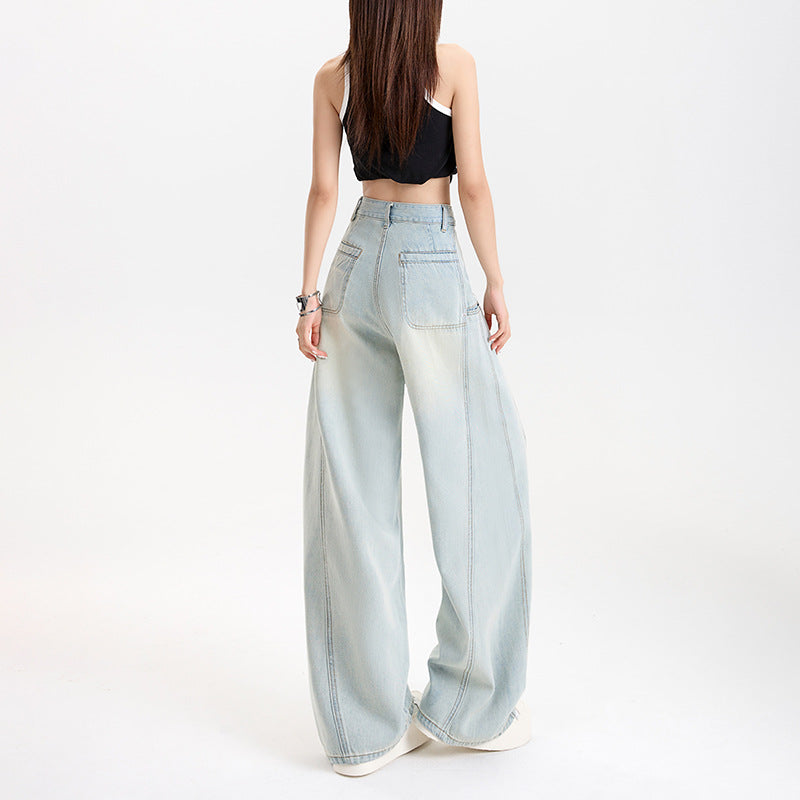 Tencel Wide-Leg Patchwork Jeans Spring Soft Skin-Friendly Drapey Knife-Edge Straight Leg Floor-Length Pants - FITzzE