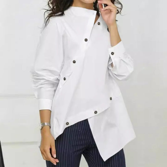 European & American Women’s Personalized Button Asymmetrical Shirt – Long Sleeve Casual Sloping Collar Top eprolo