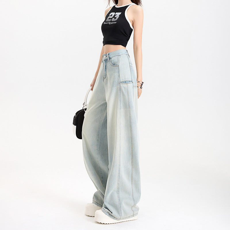 Tencel Wide-Leg Patchwork Jeans Spring Soft Skin-Friendly Drapey Knife-Edge Straight Leg Floor-Length Pants - FITzzE