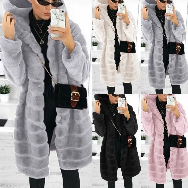 European and American medium to long solid color loose plush hooded coat imitating fur for autumn and winter warm jacket eprolo