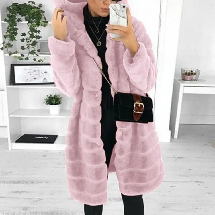 European and American medium to long solid color loose plush hooded coat imitating fur for autumn and winter warm jacket eprolo