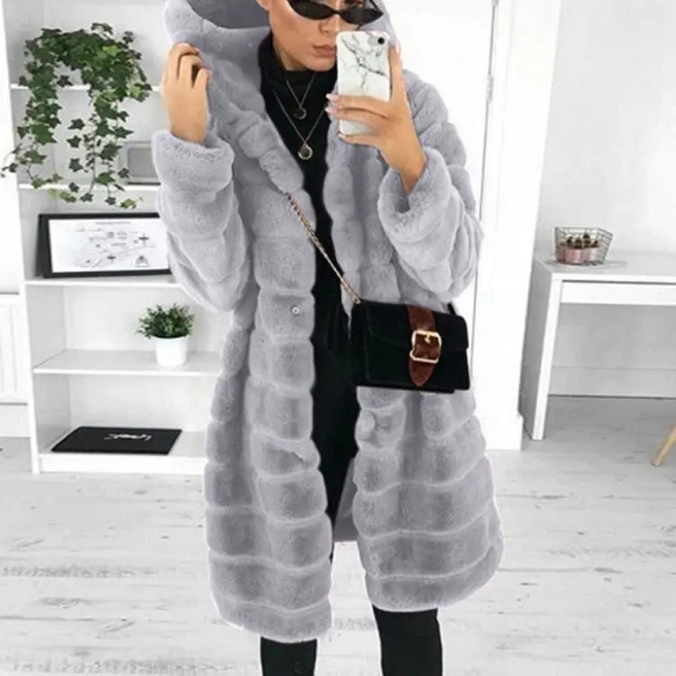European and American medium to long solid color loose plush hooded coat imitating fur for autumn and winter warm jacket eprolo