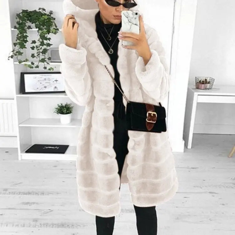 European and American medium to long solid color loose plush hooded coat imitating fur for autumn and winter warm jacket eprolo