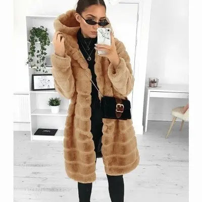 European and American medium to long solid color loose plush hooded coat imitating fur for autumn and winter warm jacket eprolo