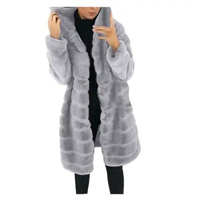 European and American medium to long solid color loose plush hooded coat imitating fur for autumn and winter warm jacket eprolo