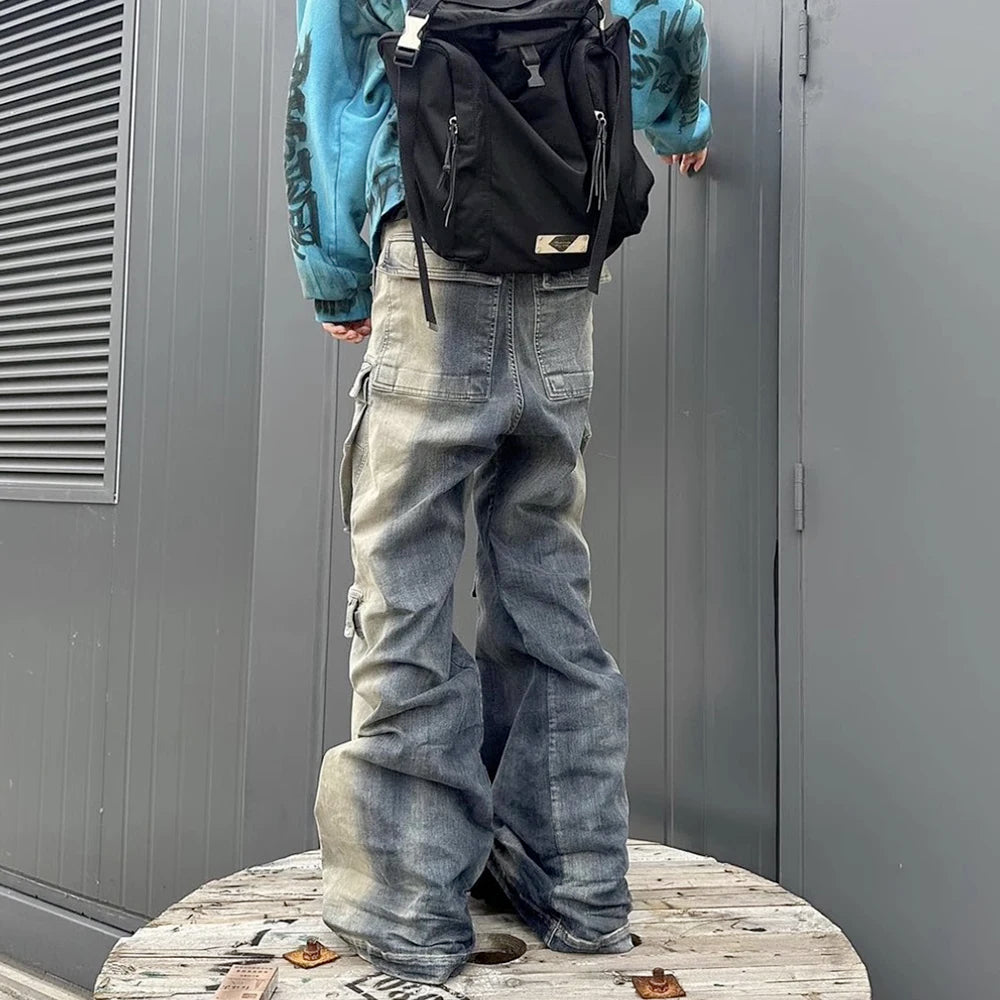 RO Style Gradient Ribbons Multi-pockets Drawstring Jeans for Men Harajuku Streetwear Baggy Y2K Denim Trousers Oversized Cargos - FITzzE