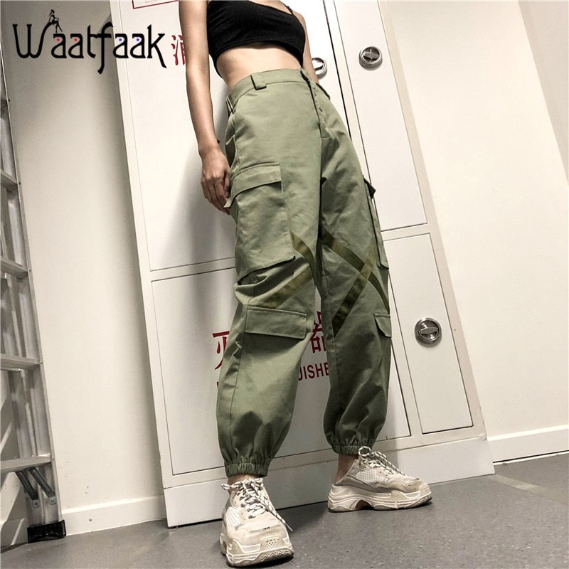Waatfaak Elastic High Wasit Cargo Pants Women Long Green Cotton Pants Pockets Patchwork Military Button Splice Pantalon Femme - FITzzE