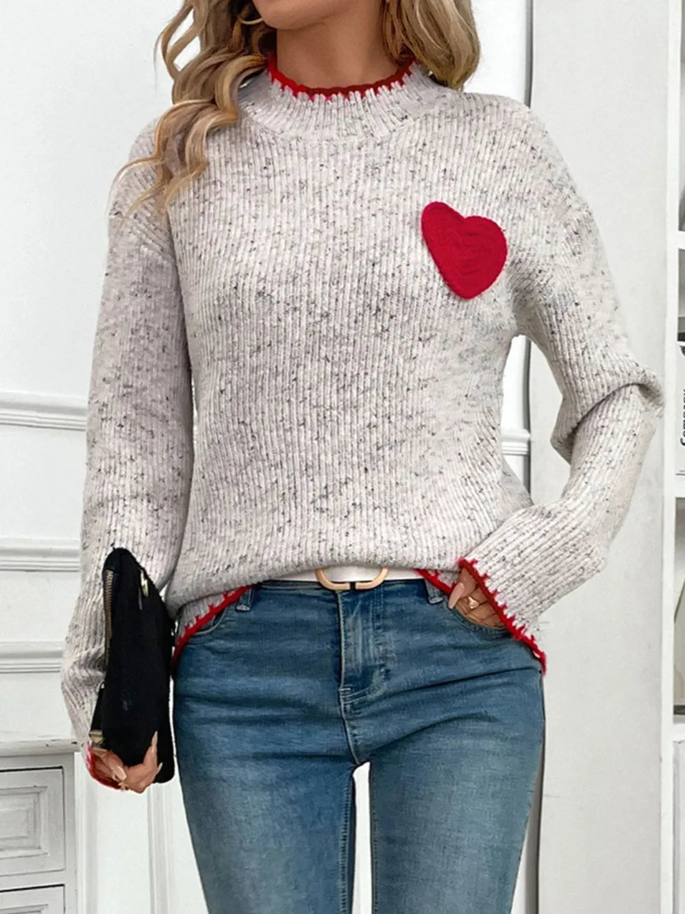 Perfee Contrast Heart Round Neck Long Sleeve Sweater eprolo