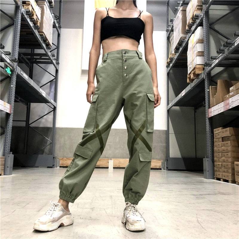 Waatfaak Elastic High Wasit Cargo Pants Women Long Green Cotton Pants Pockets Patchwork Military Button Splice Pantalon Femme - FITzzE