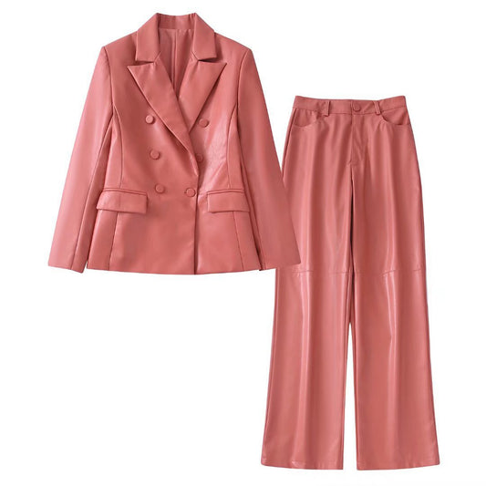 Spring/Summer New Women's Solid Color Faux Leather Double Breasted Blazer + High Waist Leather Pants - FITzzE