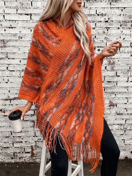 Fringe Contrast Hooded Poncho -Cozy and Stylish Outerwear with Boho Flair - FITzzE rghbeu-b4.myshopify.com Fringe Contrast Hooded Poncho -Cozy and Stylish Outerwear with Boho Flair