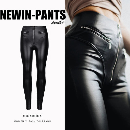Women Winter Pencil Pants Capris Spring Sexy Streetwear Solid Black Slim Fit High Waist Sheath Leather Pants - FITzzE