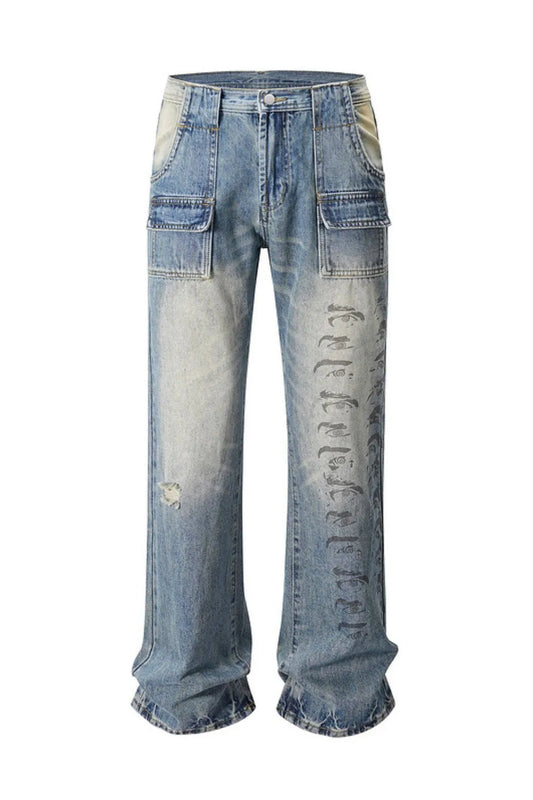 Men's Distressed Detail Printed Baggy Jeans - FITzzE rghbeu-b4.myshopify.com Men's Distressed Detail Printed Baggy Jeans