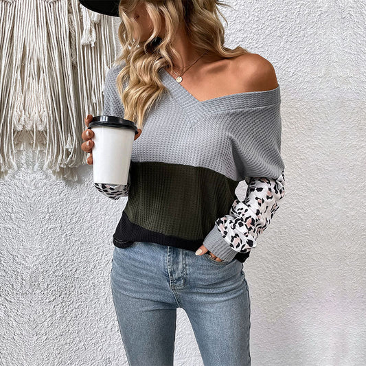 New Casual Fashion Top Long Sleeve V-Neck Leopard Print Contrast Knit Sweater - FITzzE rghbeu-b4.myshopify.com New Casual Fashion Top Long Sleeve V-Neck Leopard Print Contrast Knit Sweater