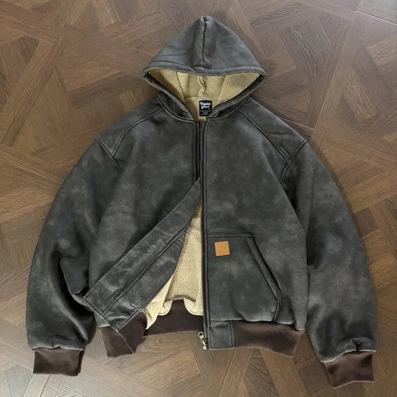 Street Style Thickened Suede Retro Hooded Cotton Coat Faux Unisex Couple Cotton Jacket eprolo